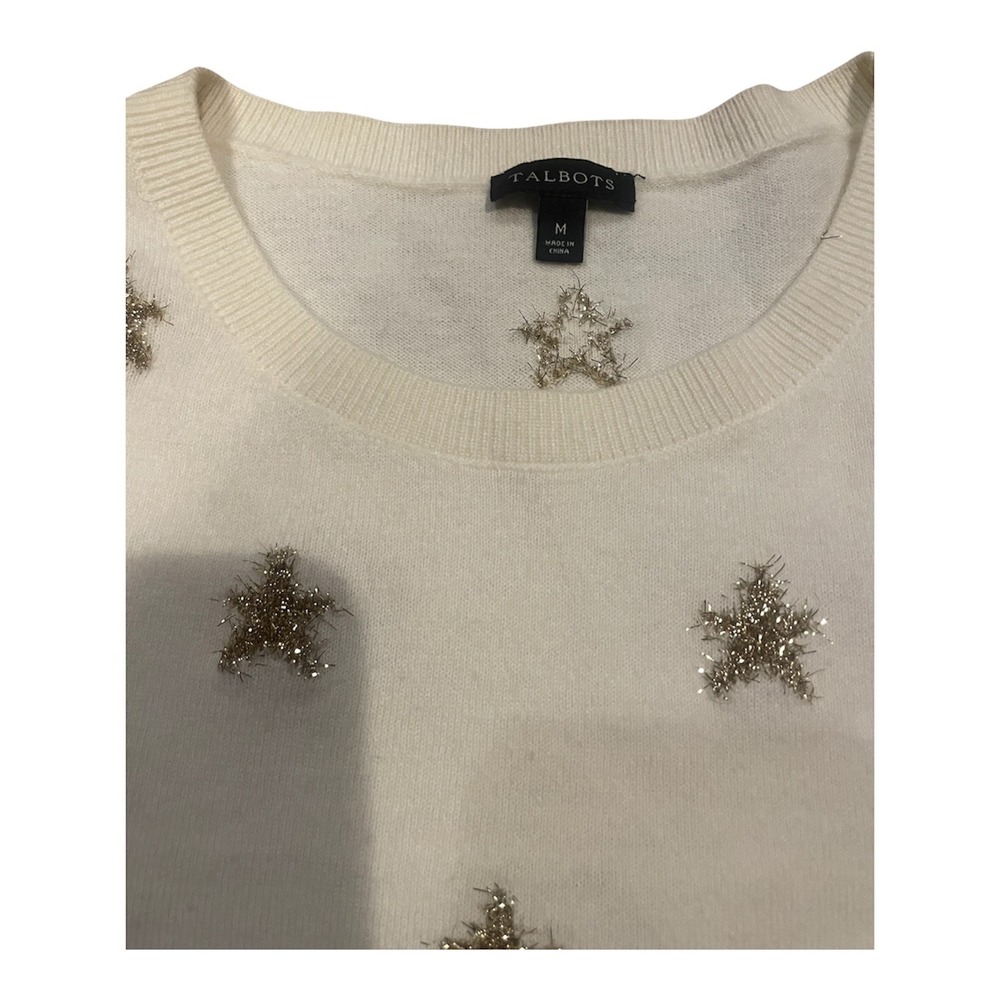 Talbots Womens Cream Gold Tinsel Star Embroidered Crewneck Sweater M Holiday - Picture 2 of 6
